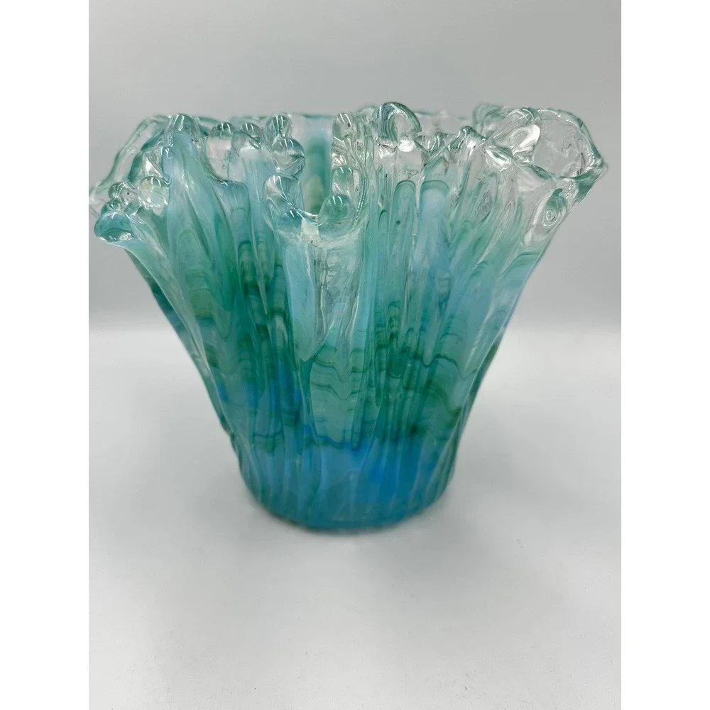 Murano Art Glass Vase Handkerchief Ruffled Teal Blue Green Made in Italy 8.5